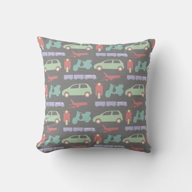 Colourful Modes of Transport Travel Icons Pattern Cushion (Front)