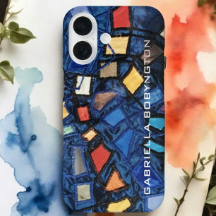 Colourful monogram blue navy red yellow geometric iPhone 16 case