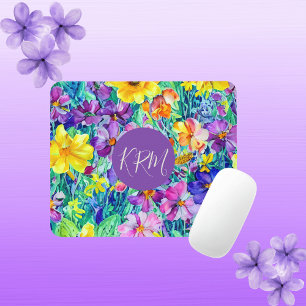 Colourful Monogram Chic Watercolor Floral Mouse Mat