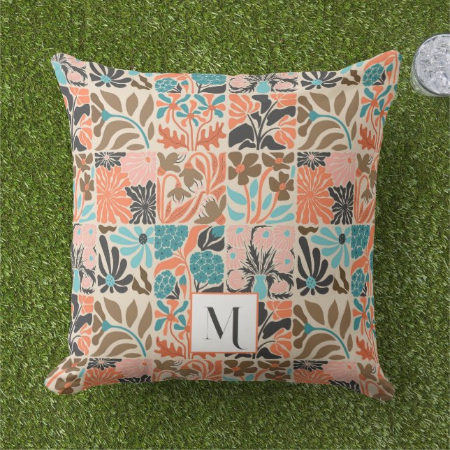 Colourful Monogram Cute Retro Trendy Floral Patter Cushion (Grass)