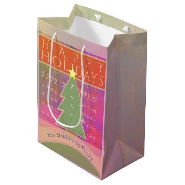 Colourful Monogram "Happy Holidays" Peace Medium Gift Bag (Front Angled)