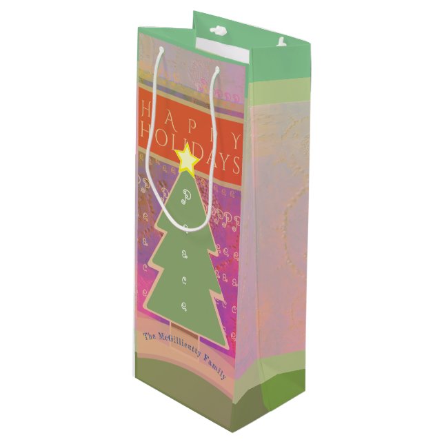Colourful Monogram "Happy Holidays" Peace Wine Gift Bag (Front Angled)