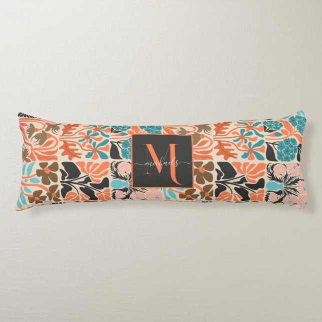 Colourful Monogram Script Retro Floral Pattern Body Cushion (Front)
