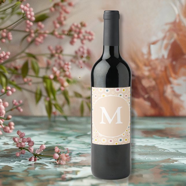 Colourful Monogram Smiling Daisy personalised Wine Label (Colourful Monogram Smiling Daisy personalised Wine Label)