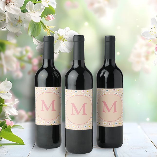 Colourful Monogram Smiling Daisy personalised Wine Label (Colourful Monogram Smiling Daisy personalised Wine Label)