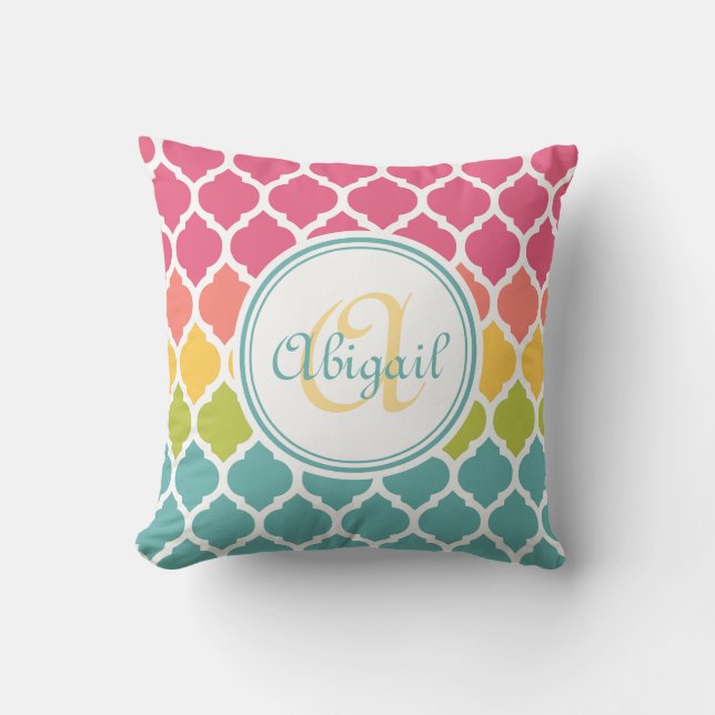 Colourful Monogrammed Moroccan Lattice Pattern Cushion (Front)
