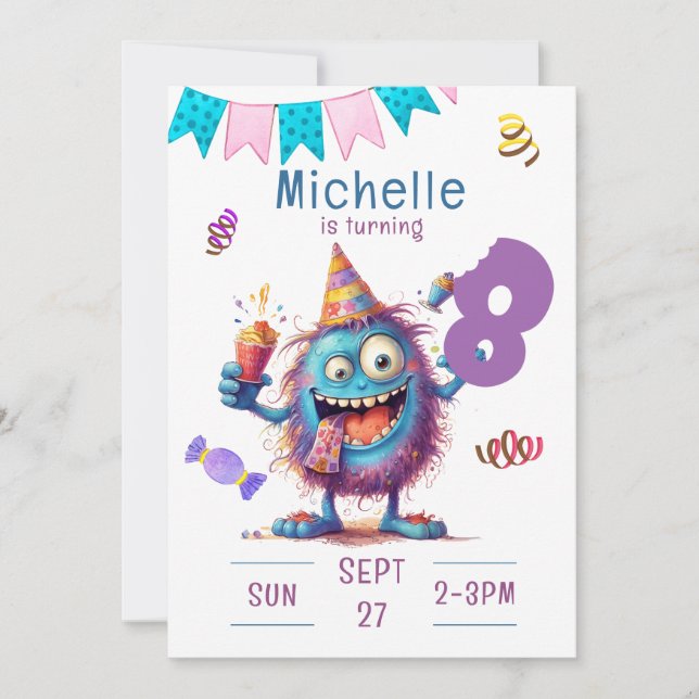 Colourful Monster Eight Year Birthday Invitation (Front)