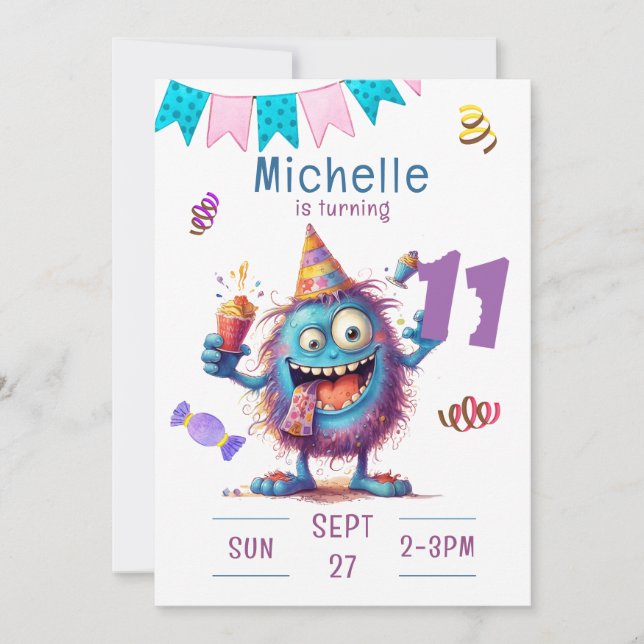 Colourful Monster Eleven Year Birthday Invitation (Front)