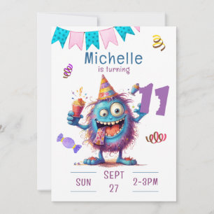 Colourful Monster Eleven Year Birthday Invitation