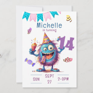 Colourful Monster Fourteen Year Birthday Invitatio Invitation