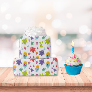 Colourful Monster Pattern   White Wrapping Paper