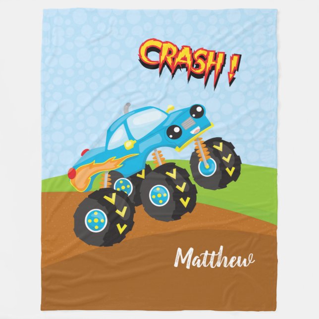 Colourful monster truck fleece blanket (Front)