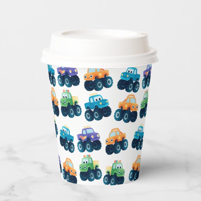 Colourful Monster Truck Pattern Birthday Paper Cups (Front)