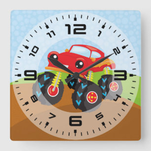 Colourful monster truck square wall clock