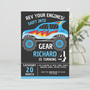 Colourful Monster Truck Themed Kids Birthday Party Invitation