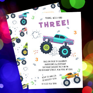 Colourful Monster Truck Third Birthday Invitation