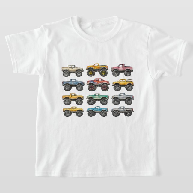 Colourful Monster Trucks Grid Kids  T-Shirt (Laydown)