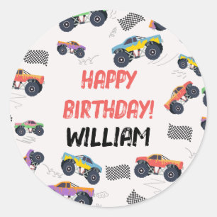 Colourful Monster Trucks Racing Kids Birthday Part Classic Round Sticker