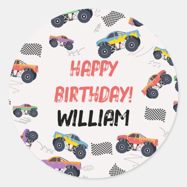 Colourful Monster Trucks Racing Kids Birthday Part Classic Round Sticker (Front)