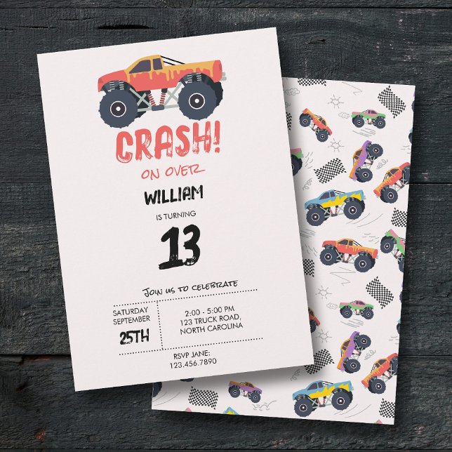 Colourful Monster Trucks Racing Kids Birthday Part Invitation (Colorful Monster Trucks Racing Kids Birthday Party Invitation)