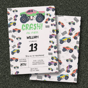 Colourful Monster Trucks Racing Kids Birthday Part Invitation