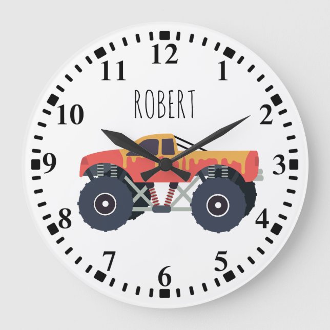 Colourful Monster Trucks Racing Kids Custom Name Large Clock (Front)