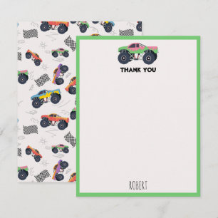 Colourful Monster Trucks Racing Kids Custom Name Thank You Card
