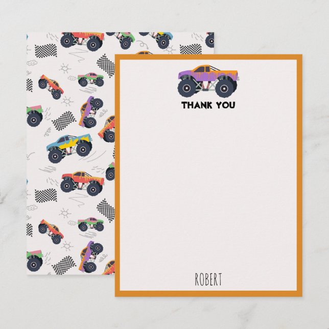 Colourful Monster Trucks Racing Kids Custom Name Thank You Card (Front/Back)