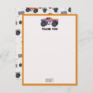 Colourful Monster Trucks Racing Kids Custom Name Thank You Card