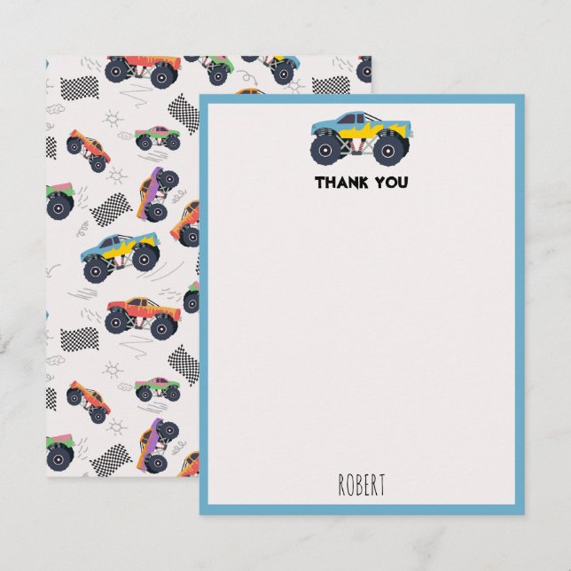 Colourful Monster Trucks Racing Kids Custom Name Thank You Card (Front/Back)