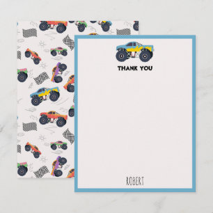 Colourful Monster Trucks Racing Kids Custom Name Thank You Card