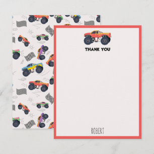 Colourful Monster Trucks Racing Kids Custom Name Thank You Card