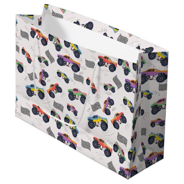 Colourful Monster Trucks Racing Pattern Large Gift Bag (Front Angled)