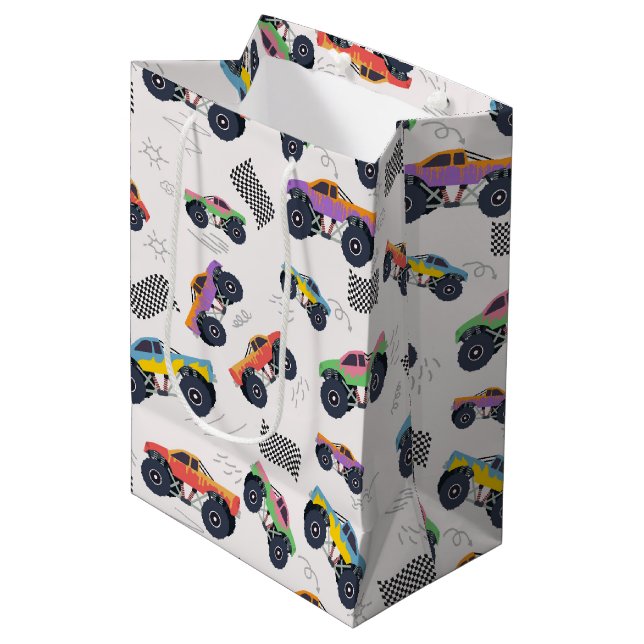 Colourful Monster Trucks Racing Pattern Medium Gift Bag (Front Angled)