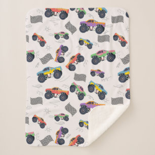 Colourful Monster Trucks Racing Pattern Sherpa Blanket