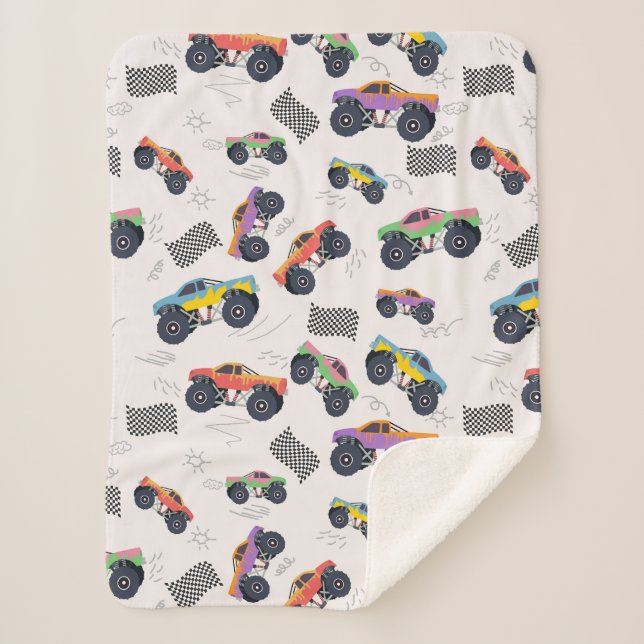 Colourful Monster Trucks Racing Pattern Sherpa Blanket (Front)