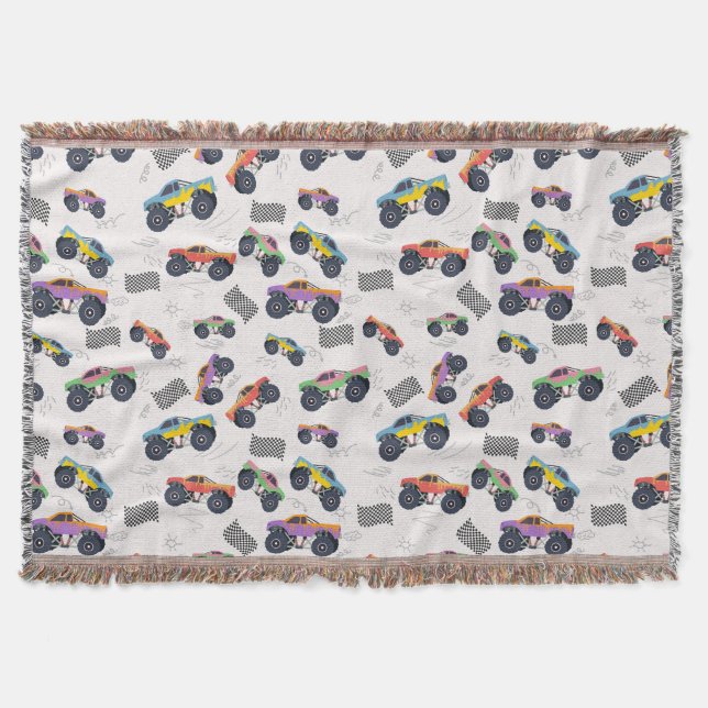 Colourful Monster Trucks Racing Pattern Throw Blanket (Front)
