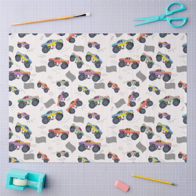 Colourful Monster Trucks Racing Pattern Tissue Paper (Craft)