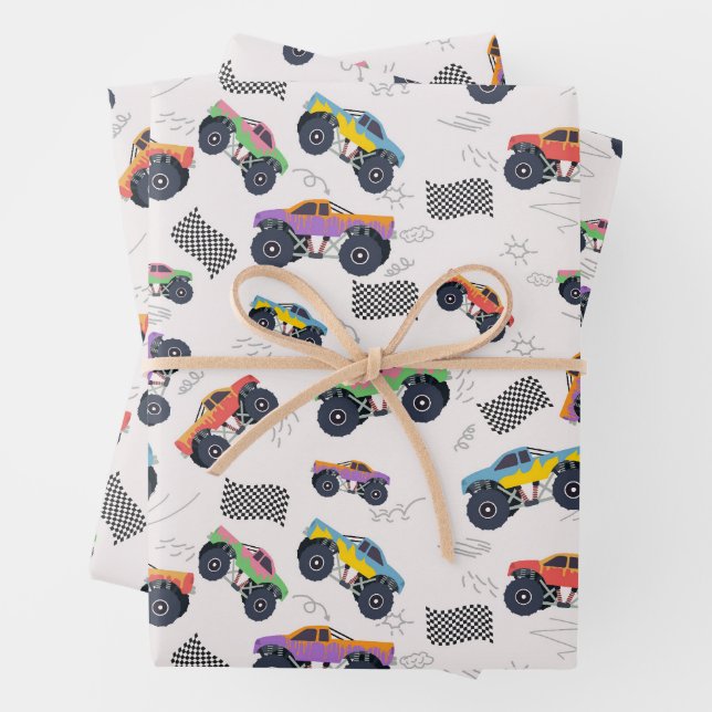 Colourful Monster Trucks Racing Pattern Wrapping Paper Sheet (In situ)