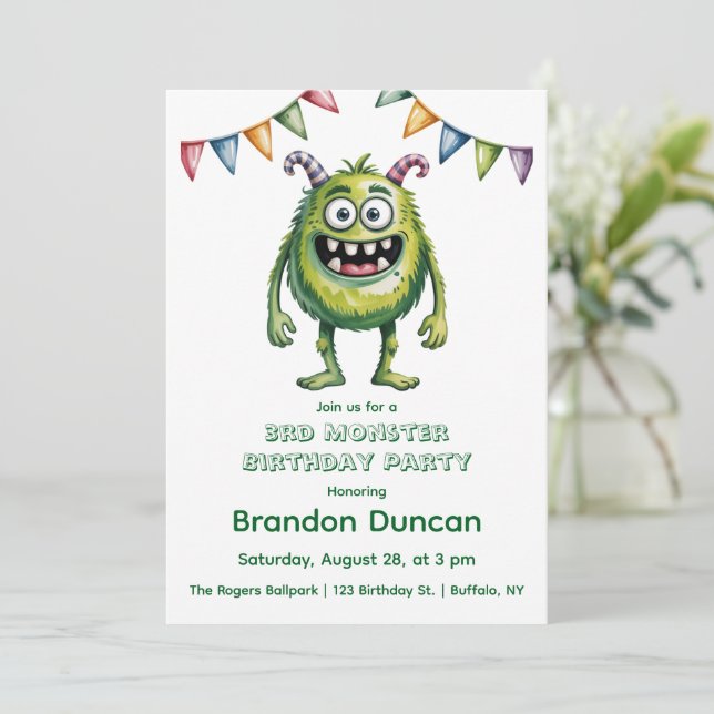 Colourful Monsters 3rd. Birthday Party Gift Invitation (Standing Front)