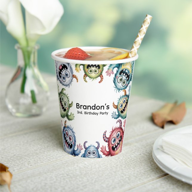 Colourful Monsters 3rd. Birthday Party Paper Cups (Insitu)