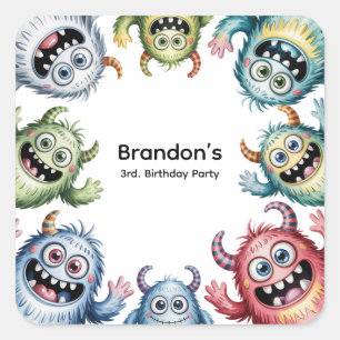Colourful Monsters 3rd. Birthday Party Square Sticker