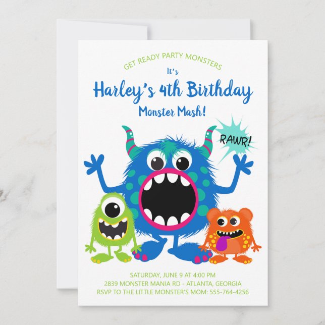 Colourful Monsters Birthday Party Invitation (Front)