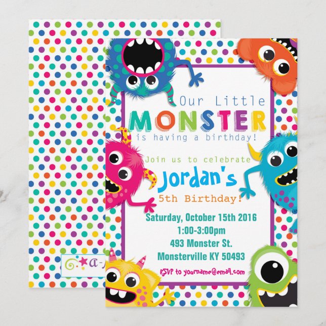 Colourful Monsters Birthday Party Invitation (Front/Back)