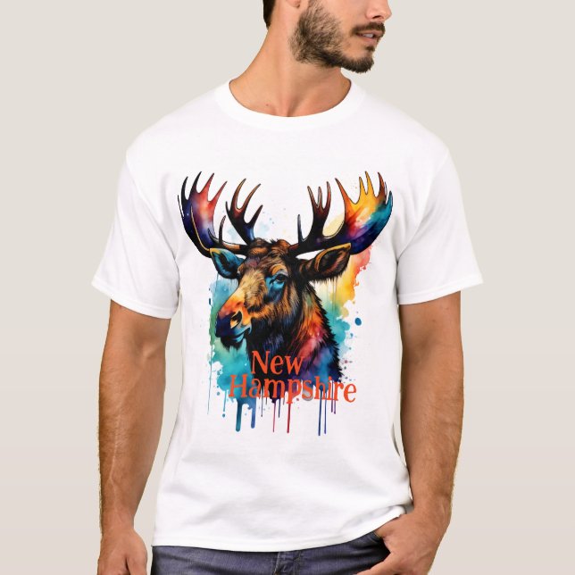 Colourful Moose Watercolor New Hampshire T-Shirt (Front)
