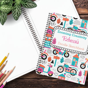 Colourful Moped Doodle Pattern Personalised Sketch Notebook