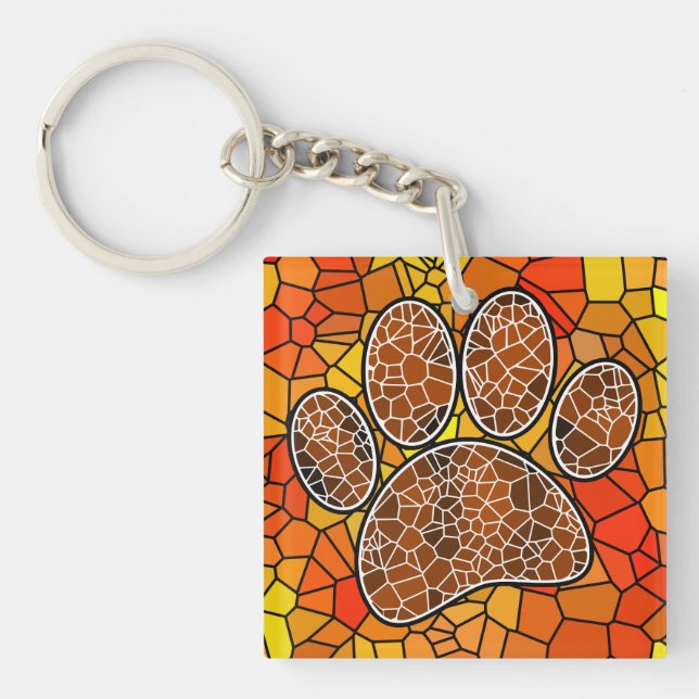 Colourful Mosaic Art Dog Paw Print Key Ring (Front)