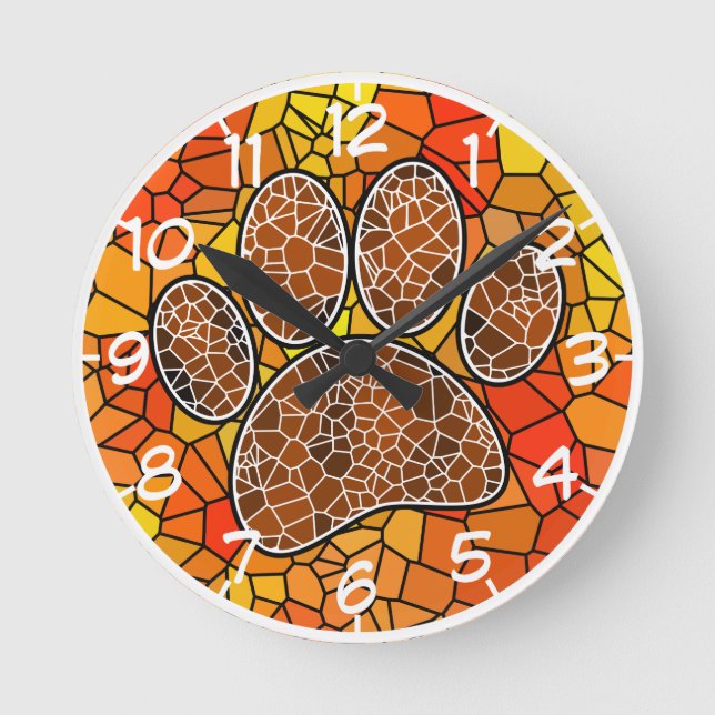 Colourful Mosaic Art Dog Paw Print Round Clock (Front)