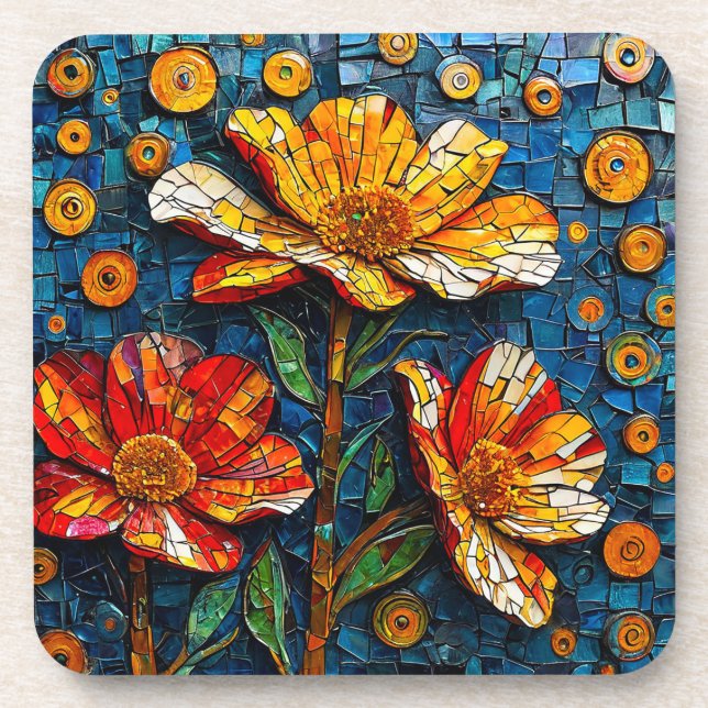 Colourful Mosaic Artwork of Vibrant Flowers Coaster (Front)