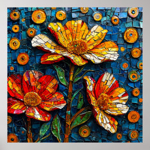 Colourful Mosaic Artwork of Vibrant Flowers Poster